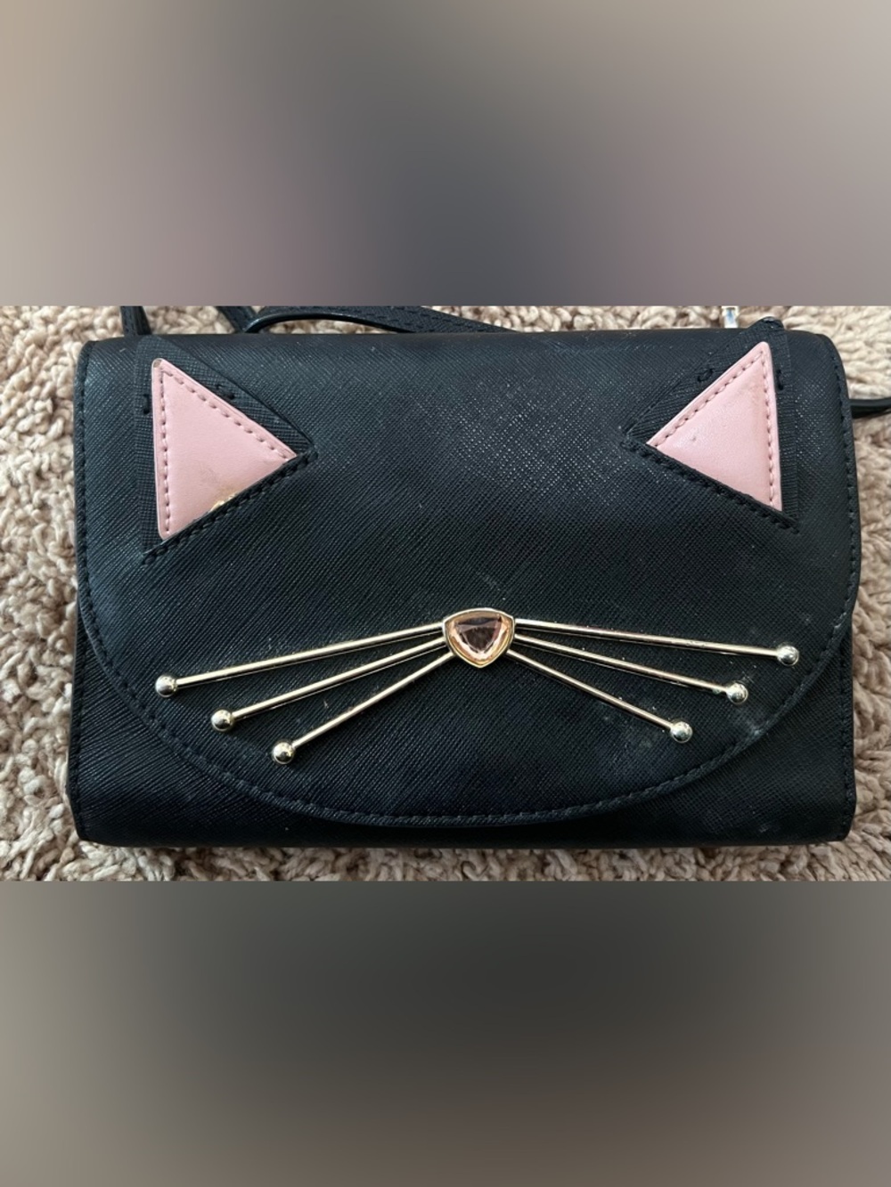 Kate Spade Black Crossbody with Pink Ear Accents and Gold Whisker Detail